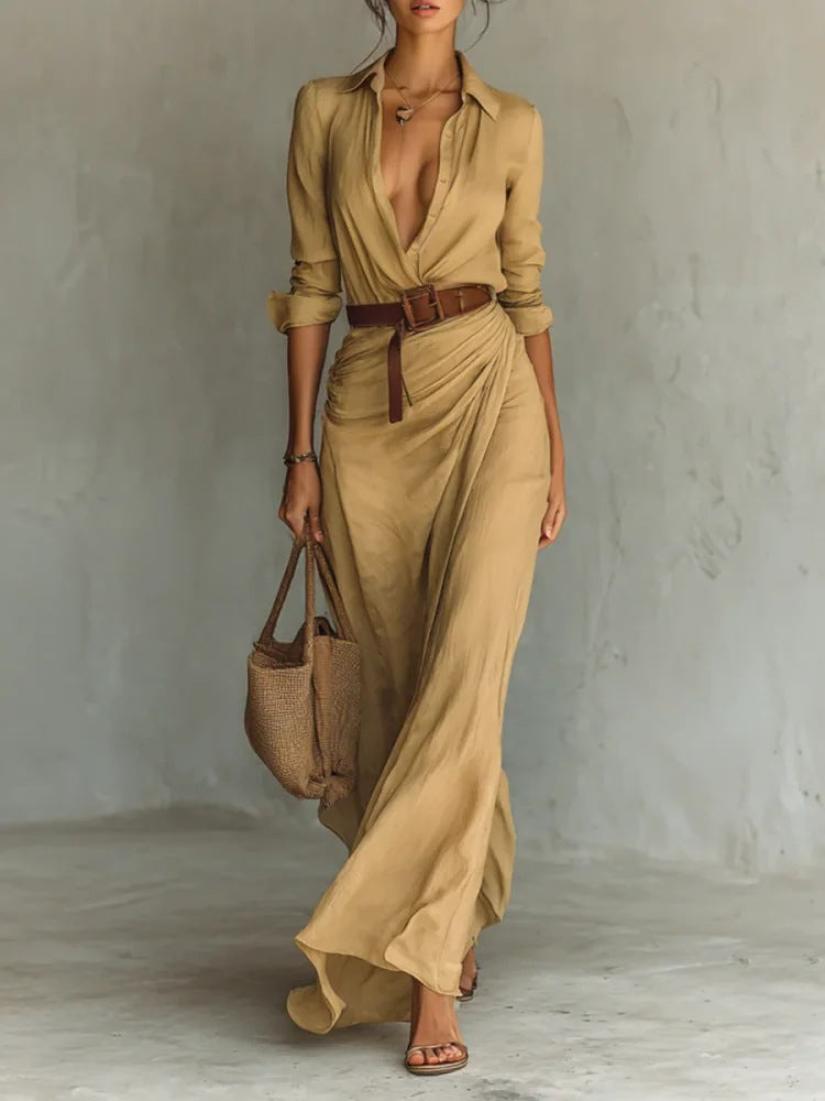 Robe Longue Élégante Fluide avec Ceinture et Col Structuré