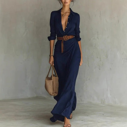 Robe Longue Élégante Fluide avec Ceinture et Col Structuré
