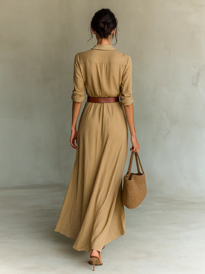 Robe Longue Élégante Fluide avec Ceinture et Col Structuré
