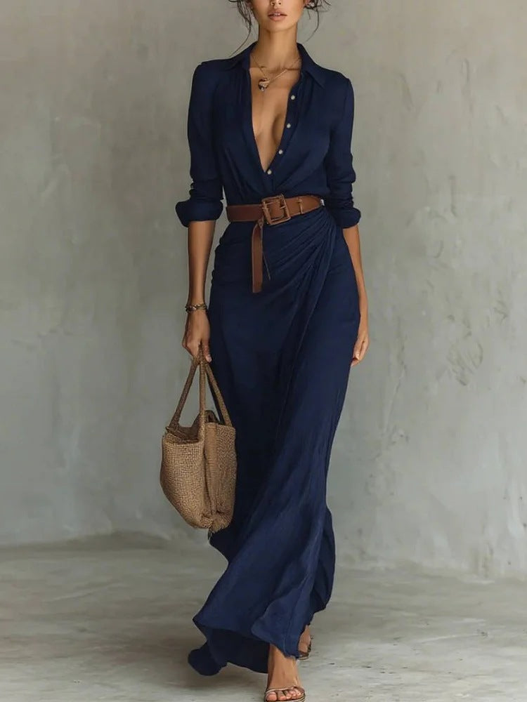 Robe Longue Élégante Fluide avec Ceinture et Col Structuré