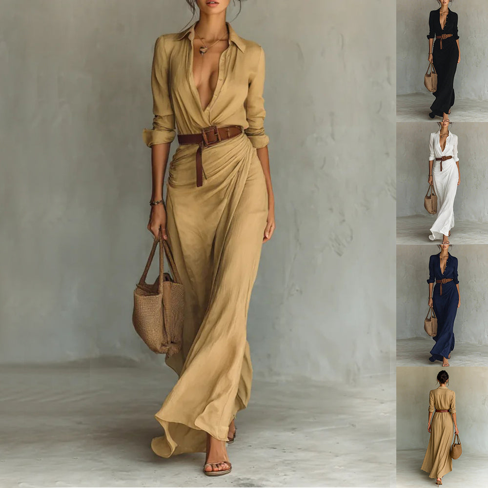 Robe Longue Élégante Fluide avec Ceinture et Col Structuré