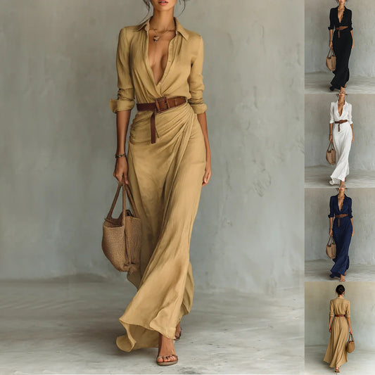 Robe Longue Élégante Fluide avec Ceinture et Col Structuré