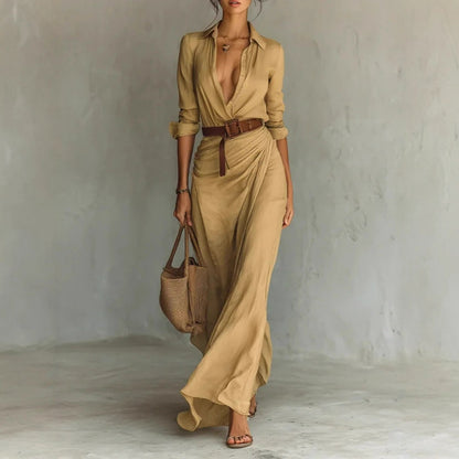 Robe Longue Élégante Fluide avec Ceinture et Col Structuré