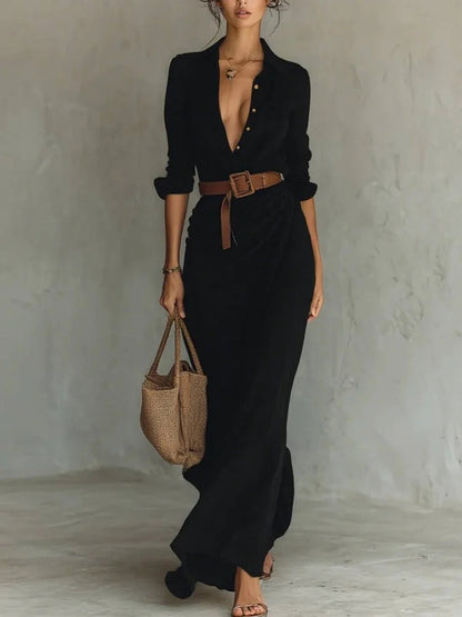 Robe Longue Élégante Fluide avec Ceinture et Col Structuré