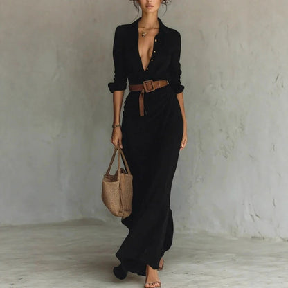 Robe Longue Élégante Fluide avec Ceinture et Col Structuré